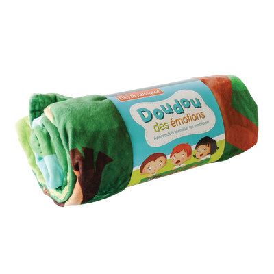 Doudou des émotions - Doudou roulée dans son emballage (bandeau en carton); couleur verte avec personnages