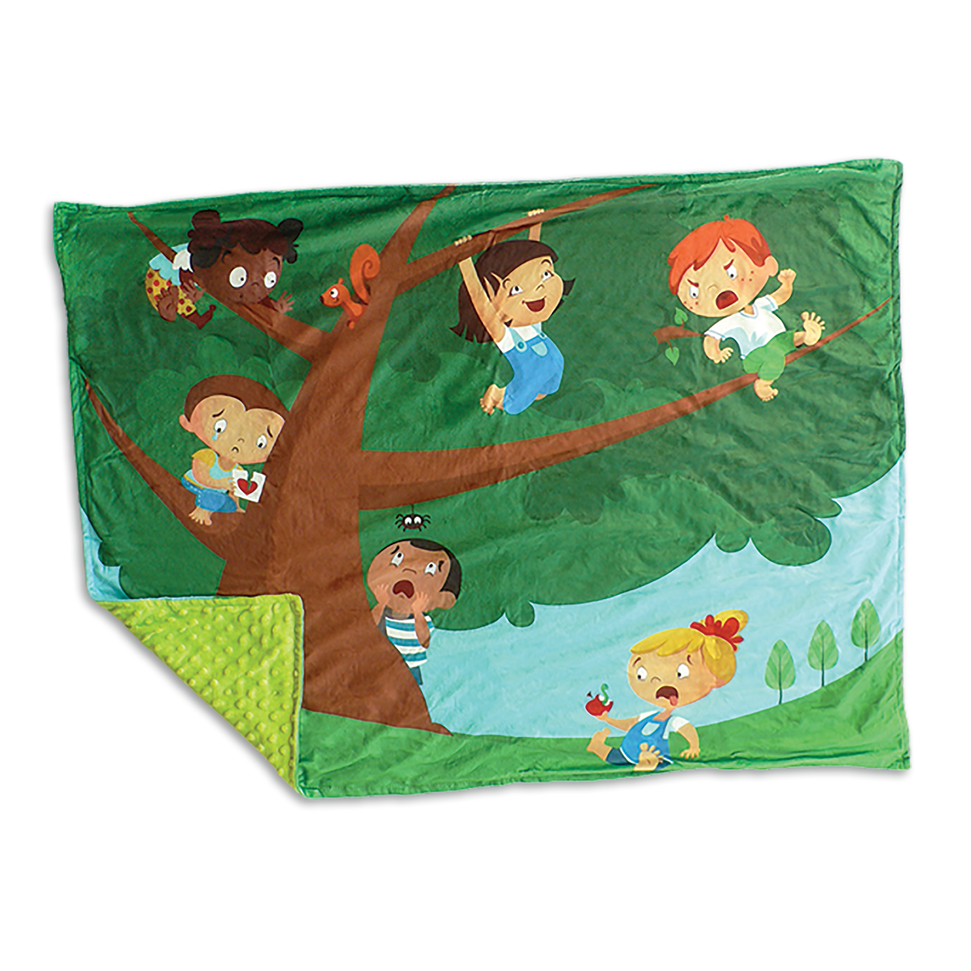 Doudou des émotions - Doudou: arbre et 6 enfants représentant chacun une émotion, coin replié montrant le verso vert en minky