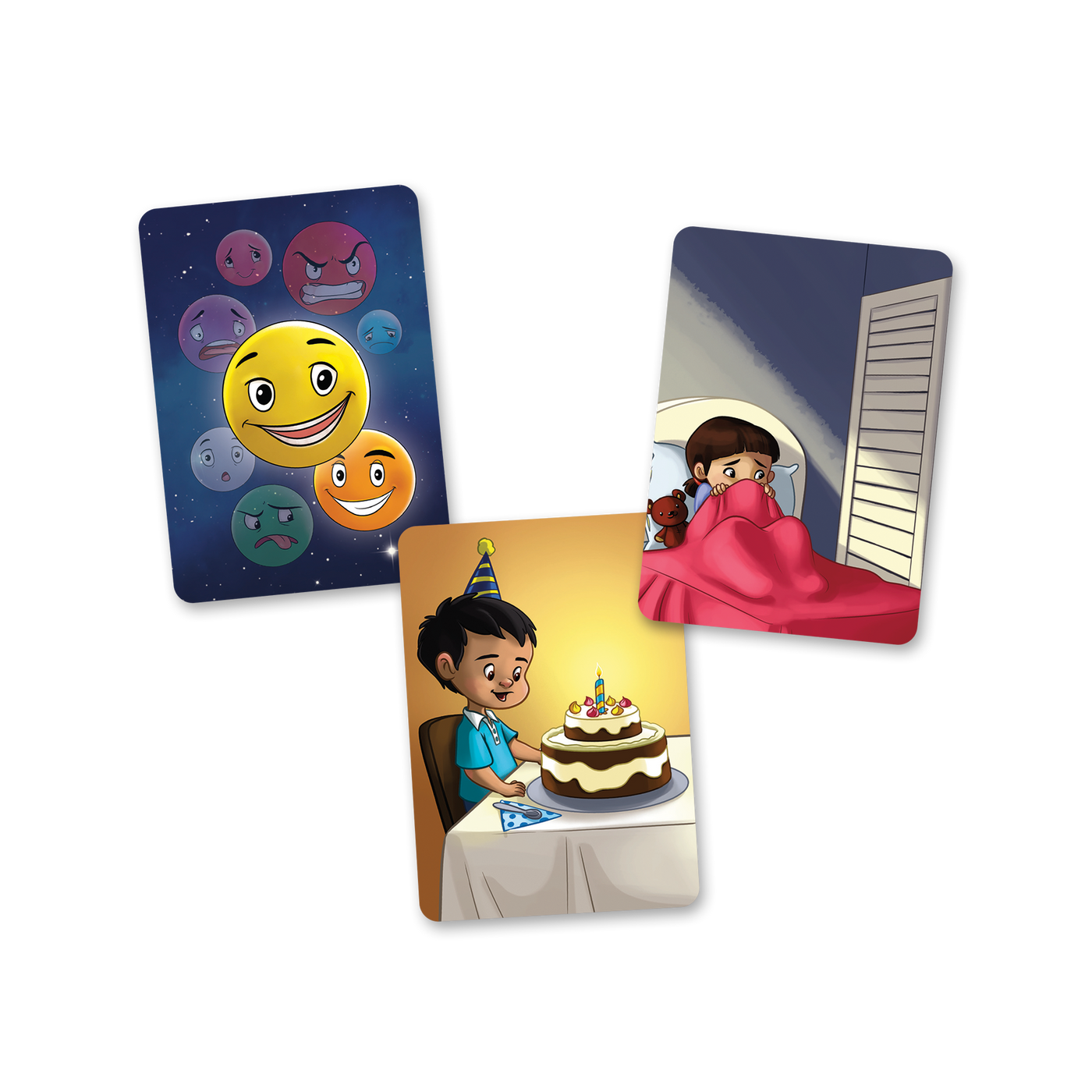 La planète des émotions - Exemples de cartes-situations : fille apeurée dans son lit, garçon heureux devant un gâteau de fête
