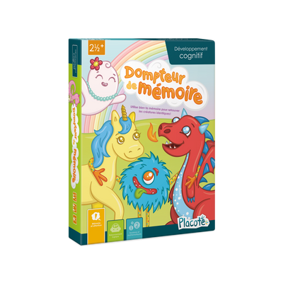 Dompteur de mémoire - Devant de la boite du jeu, illustrant des créatures colorées (fantôme, licorne, monstre, dragon) et un arc-en-ciel