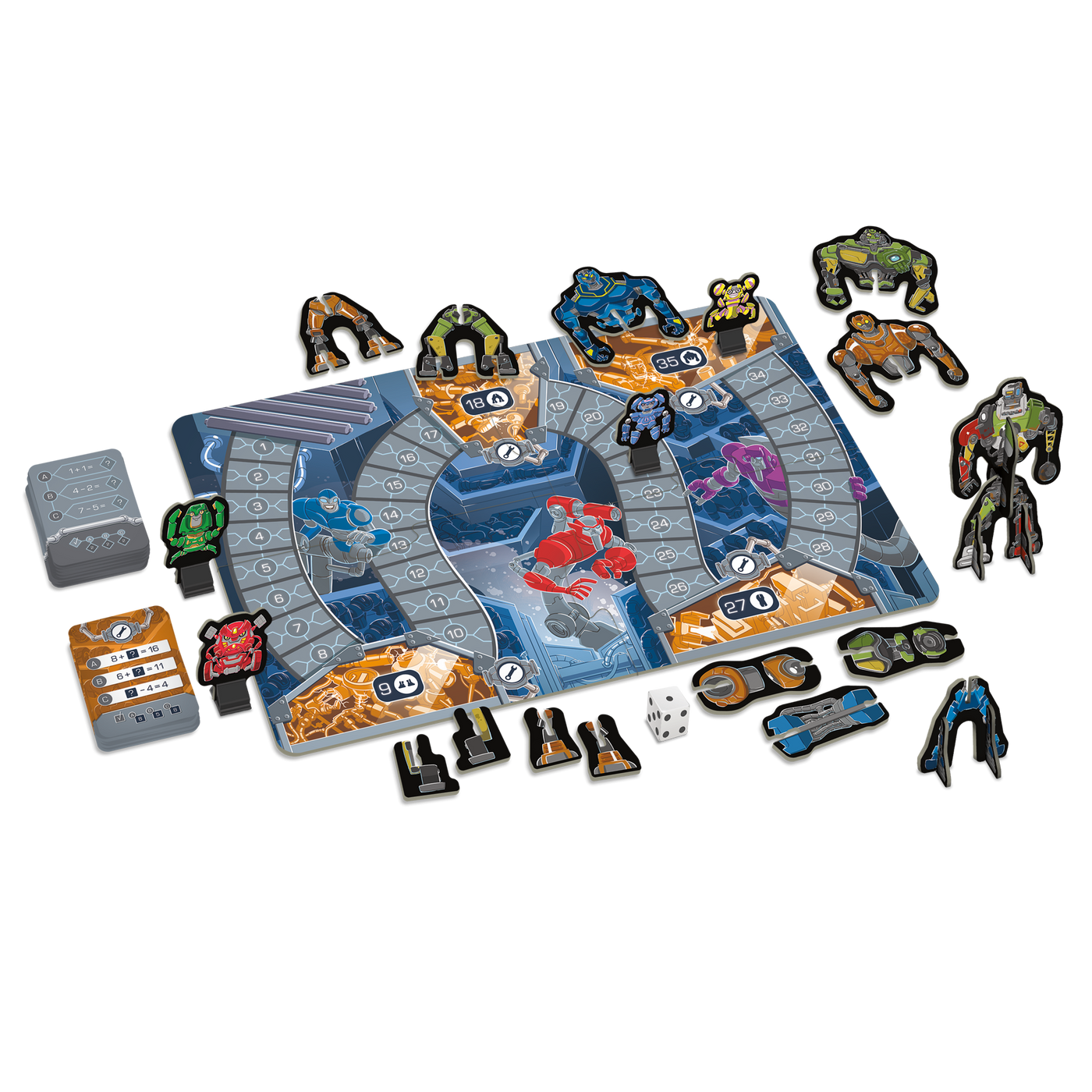 Robomatique - Composantes du jeu : plateau de jeu (chaine de montage), morceaux de robots, cartes-équations/stations et dé