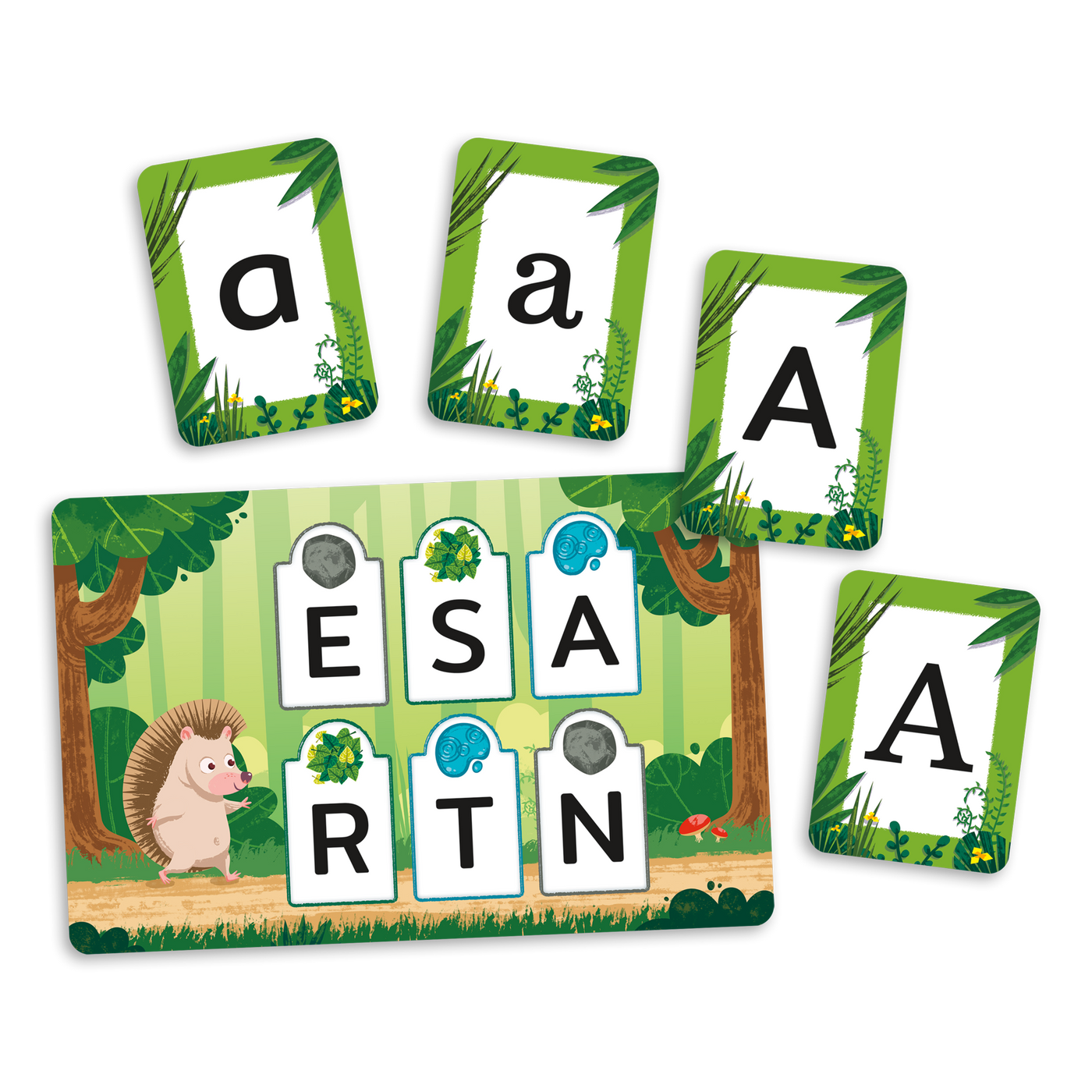 Alpha-bêtes - Exemple de fiche-personnage (hérisson) et exemples de cartes-lettres (différentes formes de la lettre A)