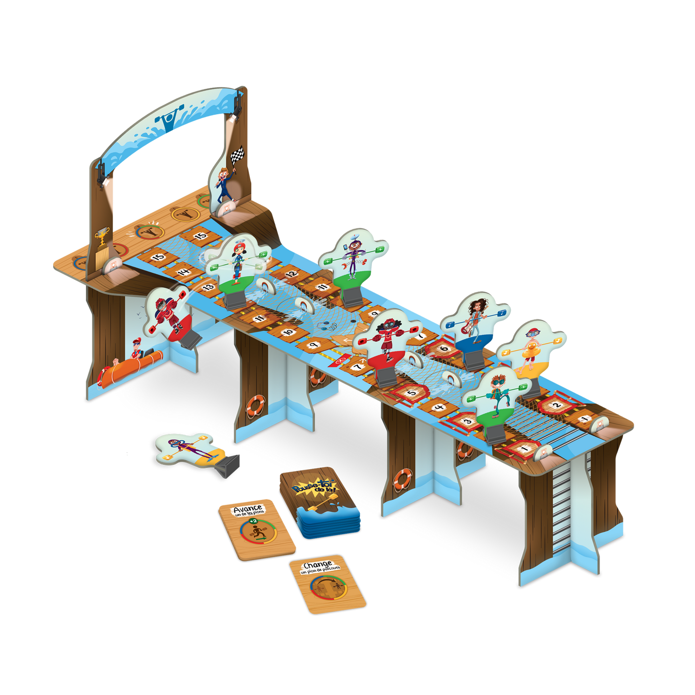 Pousse-toi de là! – Composantes : plateau de jeu assemblé (passerelle en 3D), pions-personnages des différentes couleurs, cartes-actions