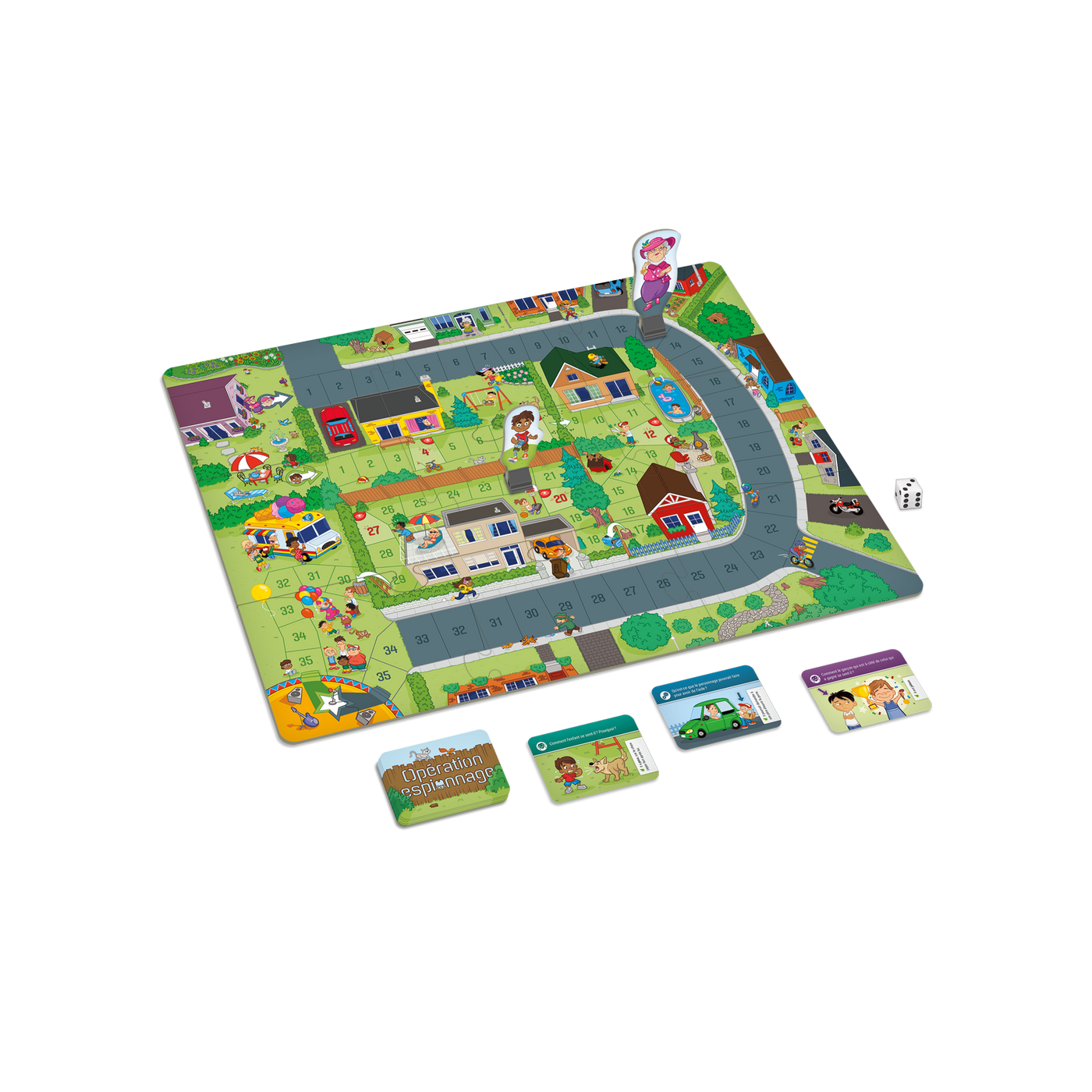 Opération espionnage – Composantes du jeu : plateau de jeu (quartier), cartes-questions, 2 pions-personnages et un dé