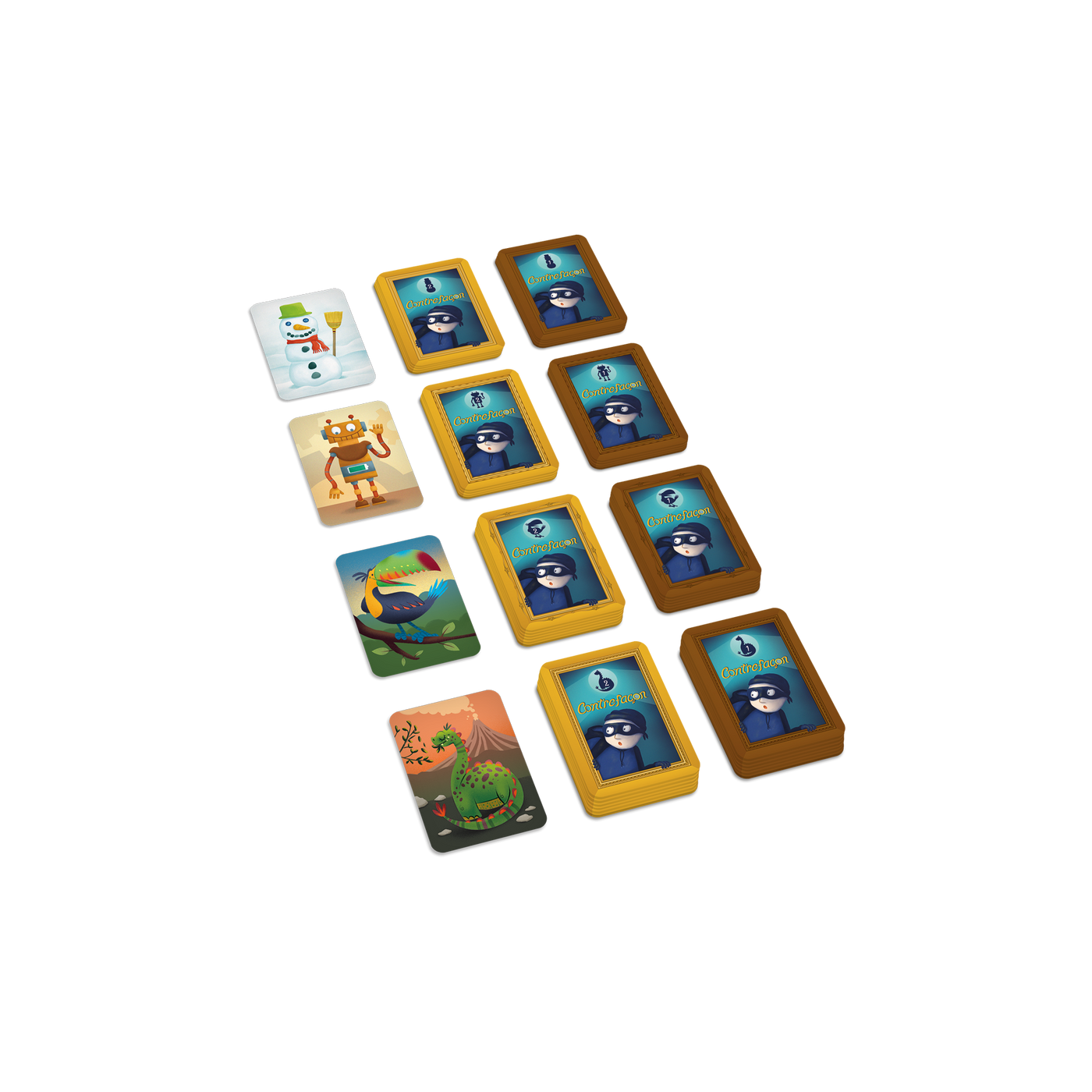 Contrefaçon – Composantes du jeu : piles de cartes placées par niveau (bonhomme de neige, robot, toucan, dinosaure)