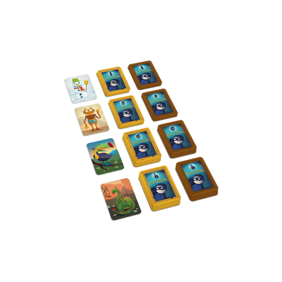 Contrefaçon – Composantes du jeu : piles de cartes placées par niveau (bonhomme de neige, robot, toucan, dinosaure)