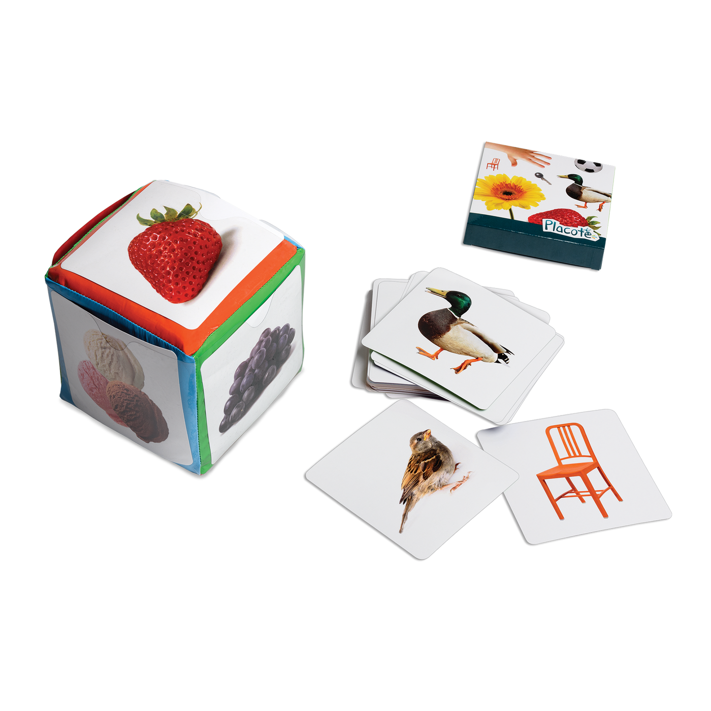 Le dé des premiers mots - Composantes du jeu : dé à pochettes, boite de cartes et exemples de cartes (oiseau, chaise, canard)