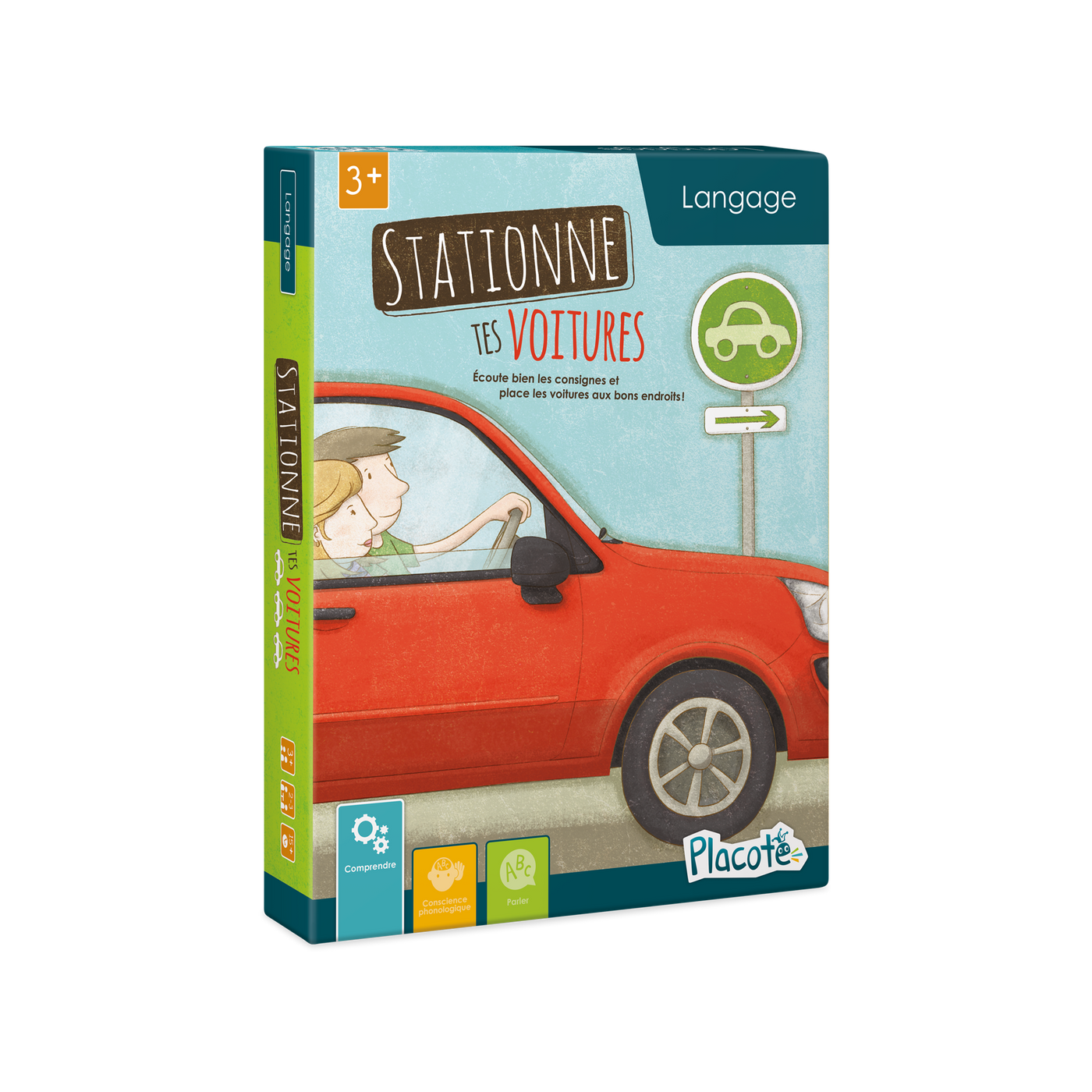 Stationne tes voitures - Devant de la boite du jeu, illustrant 2 personnes dans une voiture et un panneau de stationnement