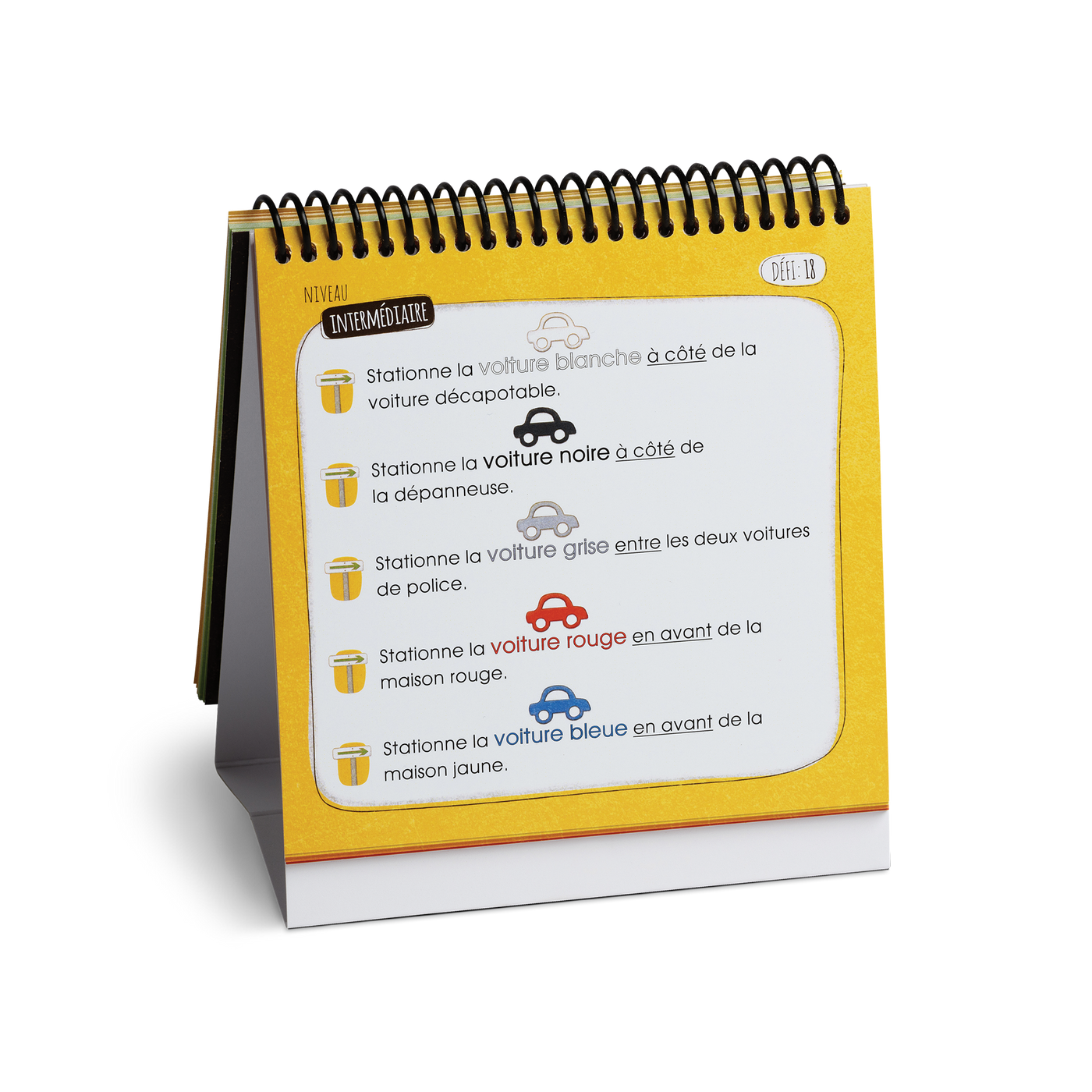 Stationne tes voitures - Cahier du conducteur présentant un exemple de défi (niveau intermédiaire - jaune, défi 18)
