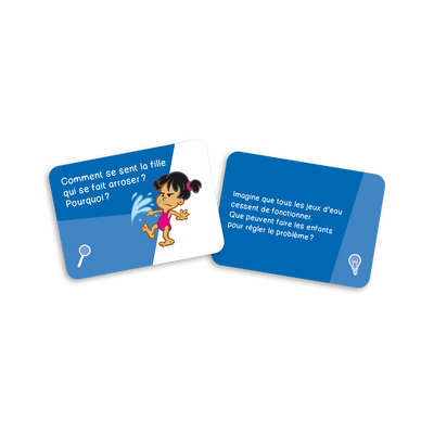 Raisonne au parc - Exemples de cartes-questions (cartes bleues, dont Comment se sent la fille qui se fait arroser? Pourquoi?)