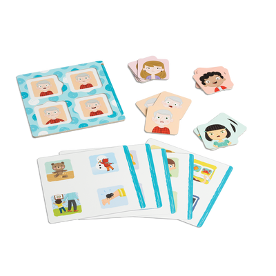 Loto des émotions - Composantes du jeu : gabarit, planches de jeu et cartes-images de personnages vivant des émotions