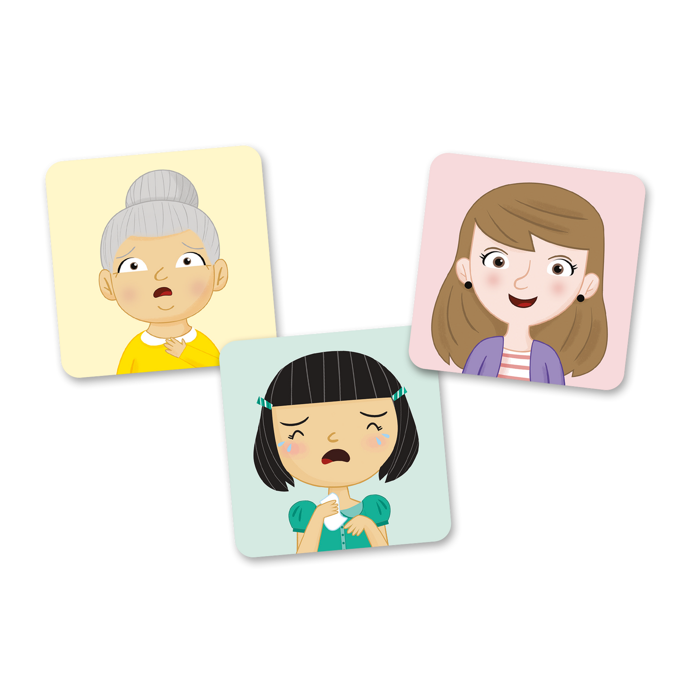 Loto des émotions - Exemples de cartes-images du jeu : grand-mère qui a peur, mère joyeuse et petite fille triste