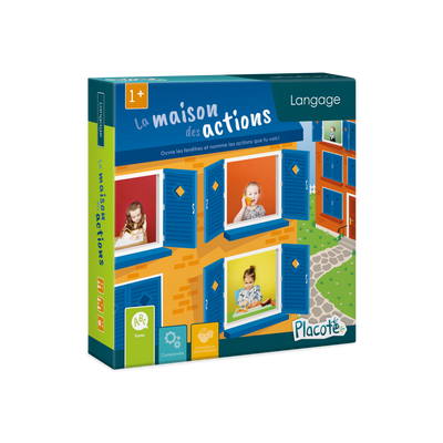 La maison des actions - Devant de la boite du jeu, illustrant des enfants qui font différentes actions : écrire, couper, etc.