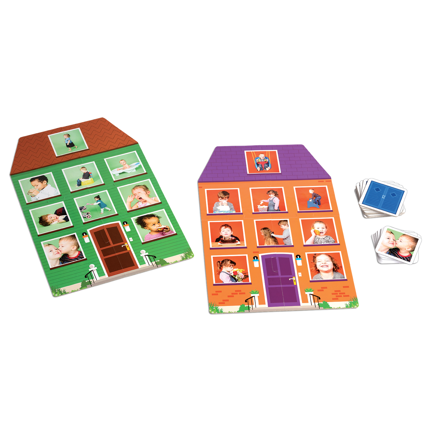 La maison des actions - Composantes du jeu : plateaux de jeu (maisons verte et orange), cartes-fenêtres et cartes d’action