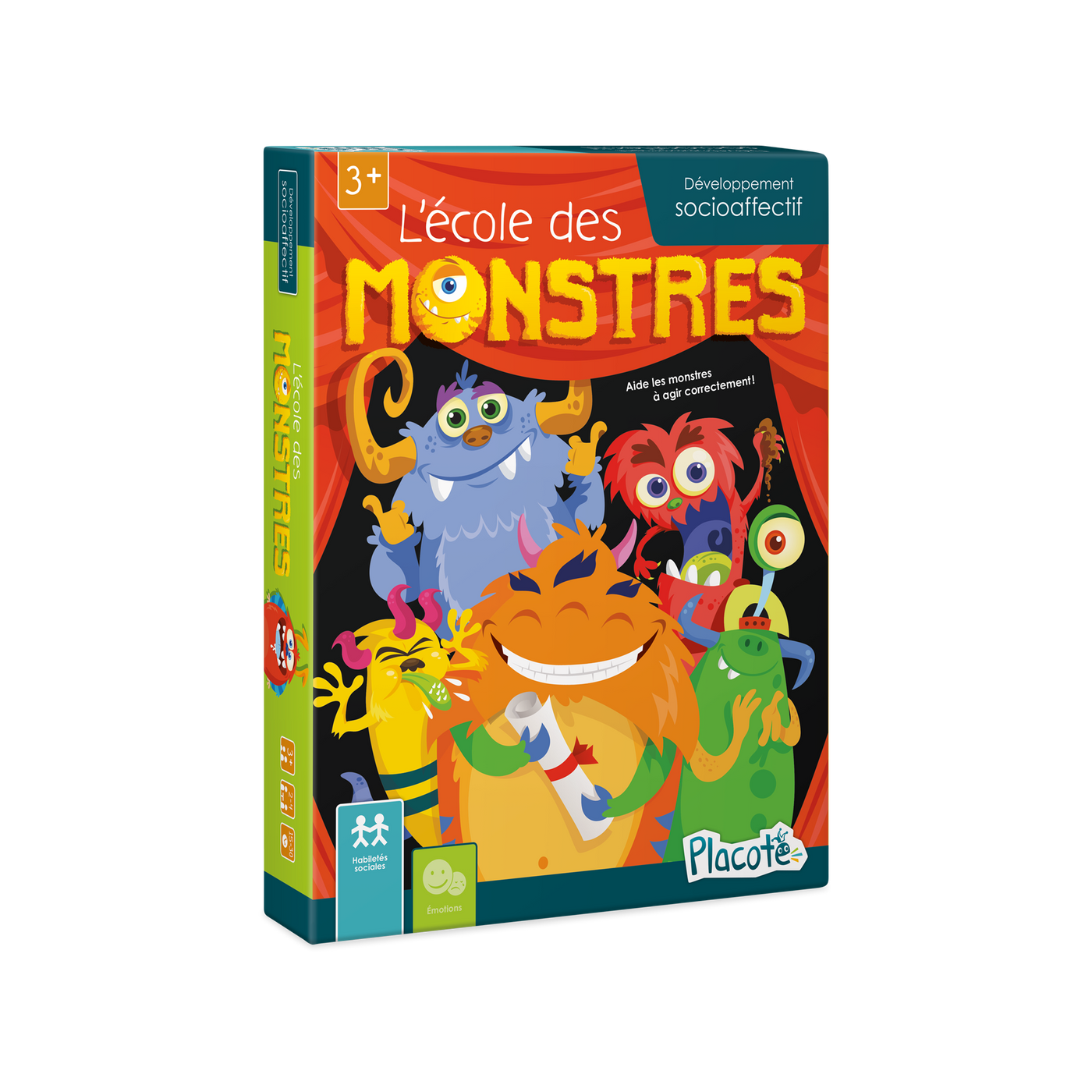 L’école des monstres - Devant de la boite du jeu, illustrant 5 monstres colorés sur une scène avec un grand rideau rouge