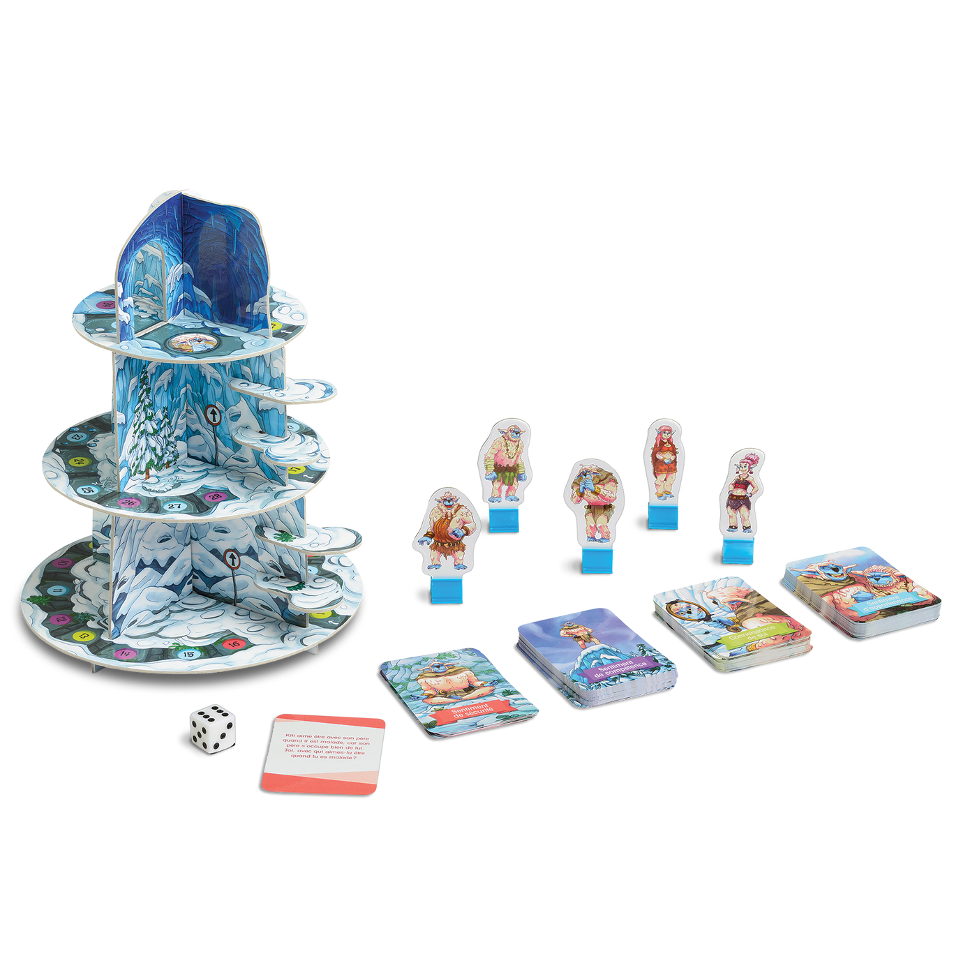 La montagne de la confiance - Composantes du jeu : plateau de jeu (montagne en 3D), cartes-questions, 5 pions-yétis et un dé