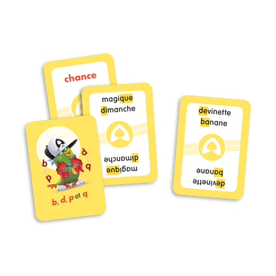 L’as de la lecture (confusions) - Exemples de cartes (jeu b/d/p/q) : magique/dimanche, devinette/banane et carte « chance »