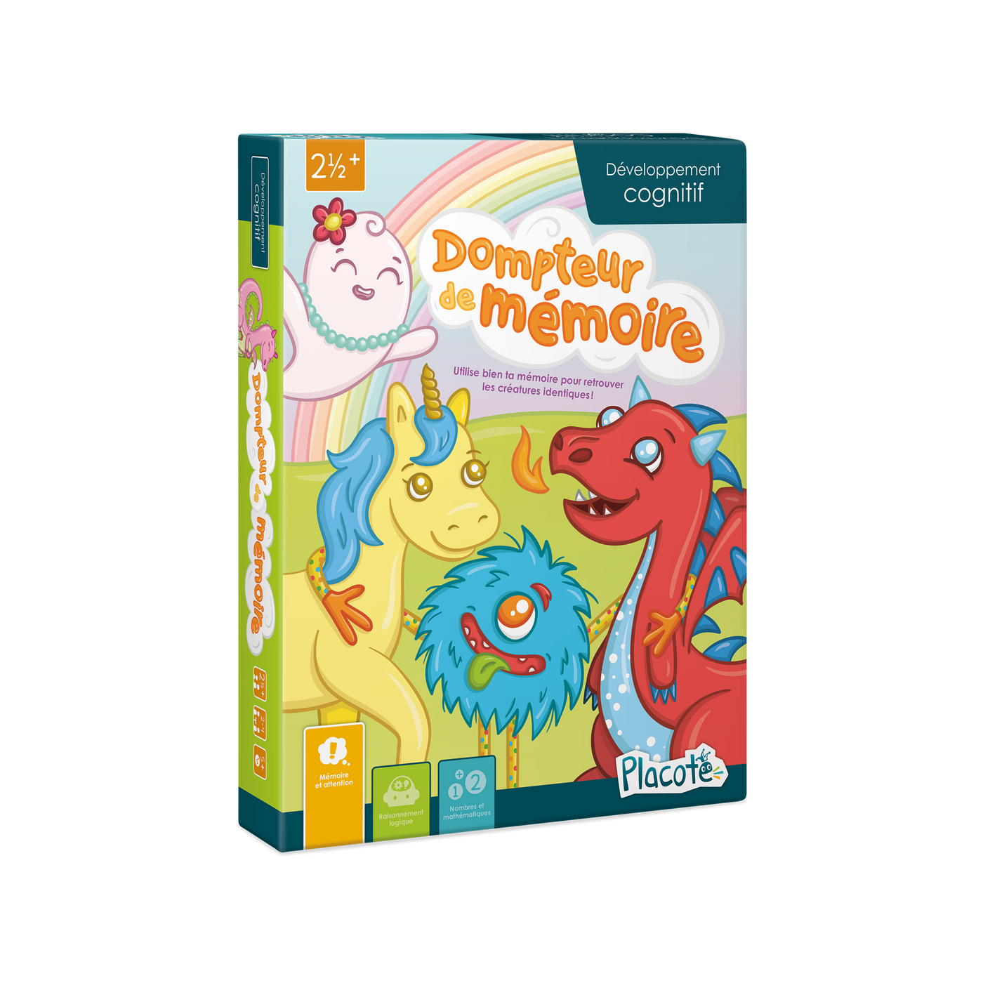 Dompteur de mémoire - Devant de la boite du jeu, illustrant des créatures colorées (fantôme, licorne, monstre, dragon) et un arc-en-ciel
