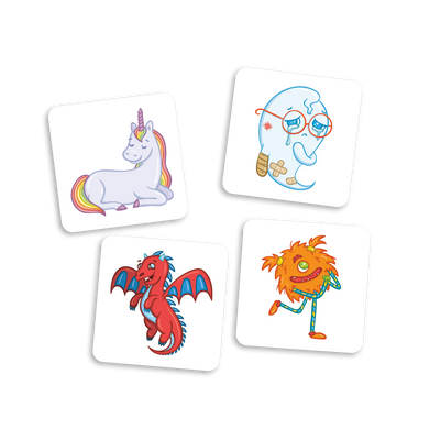 Dompteur de mémoire - Exemples de cartes-créatures (licorne arc-en-ciel, fantôme avec bobo, dragon rouge et monstre orange)