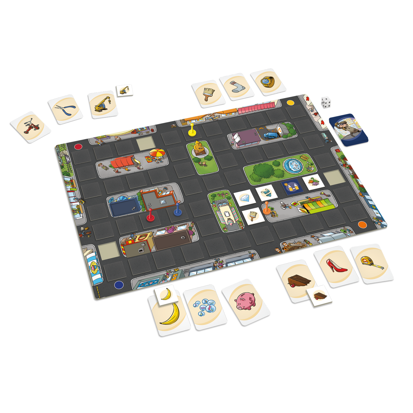 Vol de mémoire - Composantes du jeu : plateau de jeu (ville), cartes-objets, cartes-cibles, cartes-polices, pions et dé