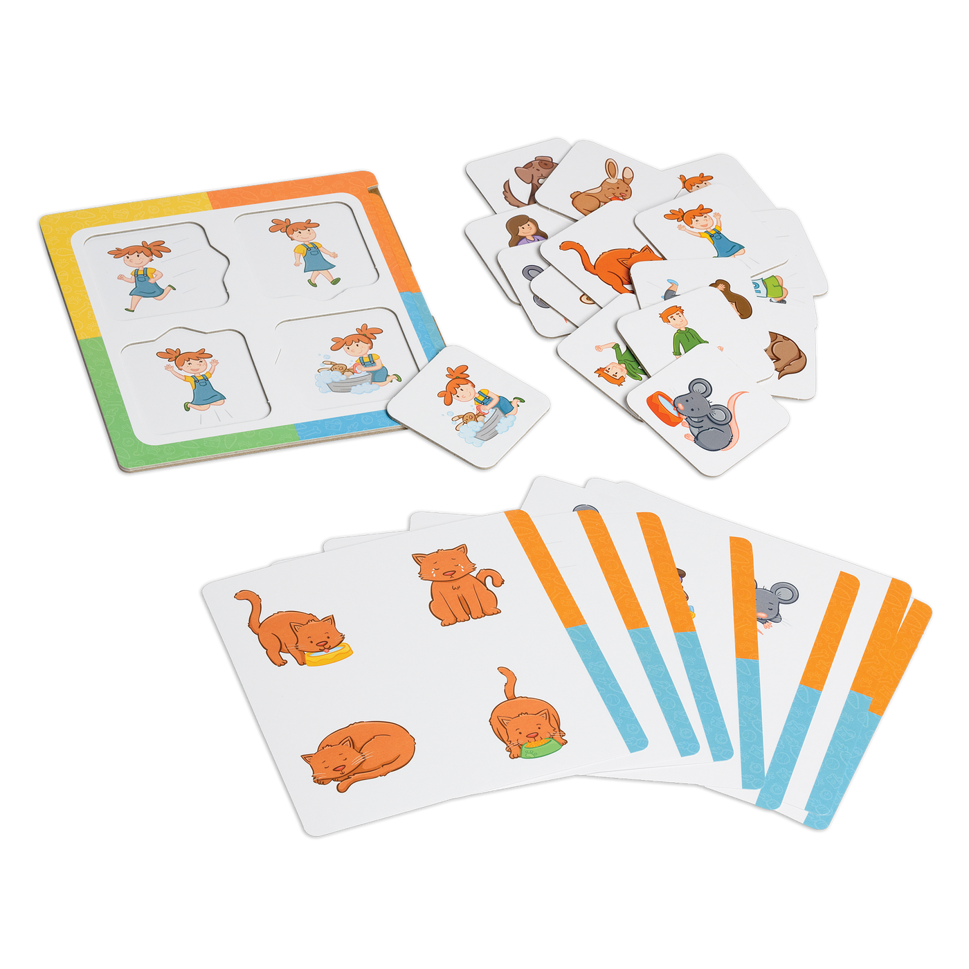 Loto des petites phrases - Composantes du jeu : gabarit, planches de jeu et cartes-images illustrant animaux et humains