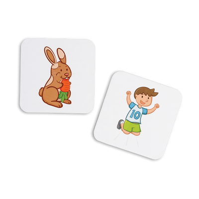 Loto des petites phrases - Exemples de cartes-images du jeu : lapin qui mange une carotte et garçon qui saute