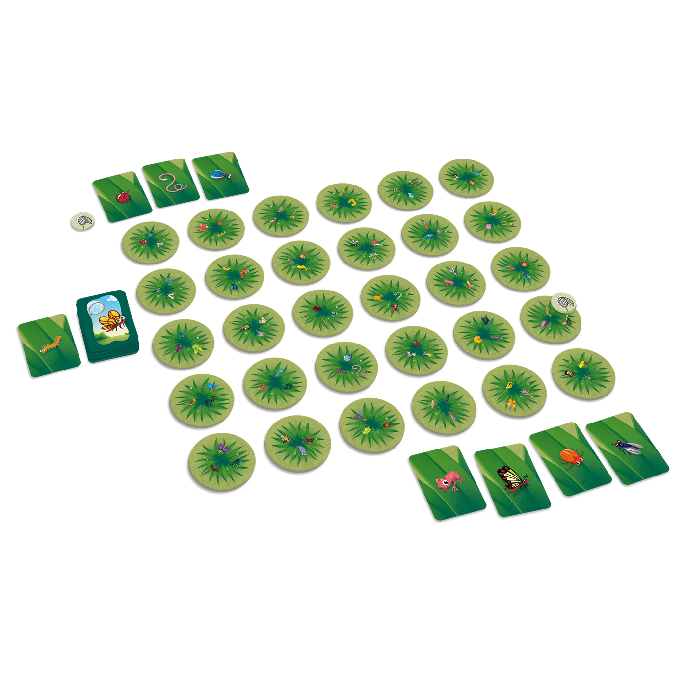 Chasseurs en herbe - Composantes du jeu : 30 cartes-herbes (étalées en 6 rangées de 5), cartes-bestioles et 2 jetons-filets