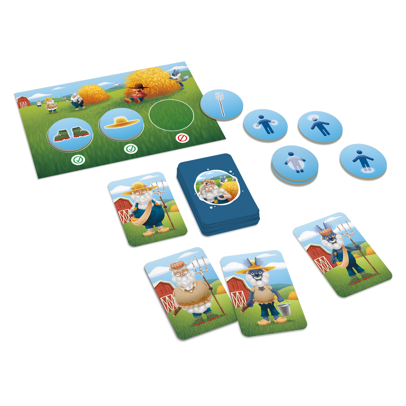 Attention aux loups - Composantes du jeu : planche-guide, cartes-personnages (loups et moutons) et jetons-objets