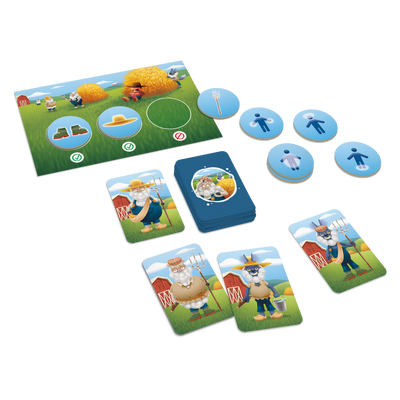 Attention aux loups - Composantes du jeu : planche-guide, cartes-personnages (loups et moutons) et jetons-objets
