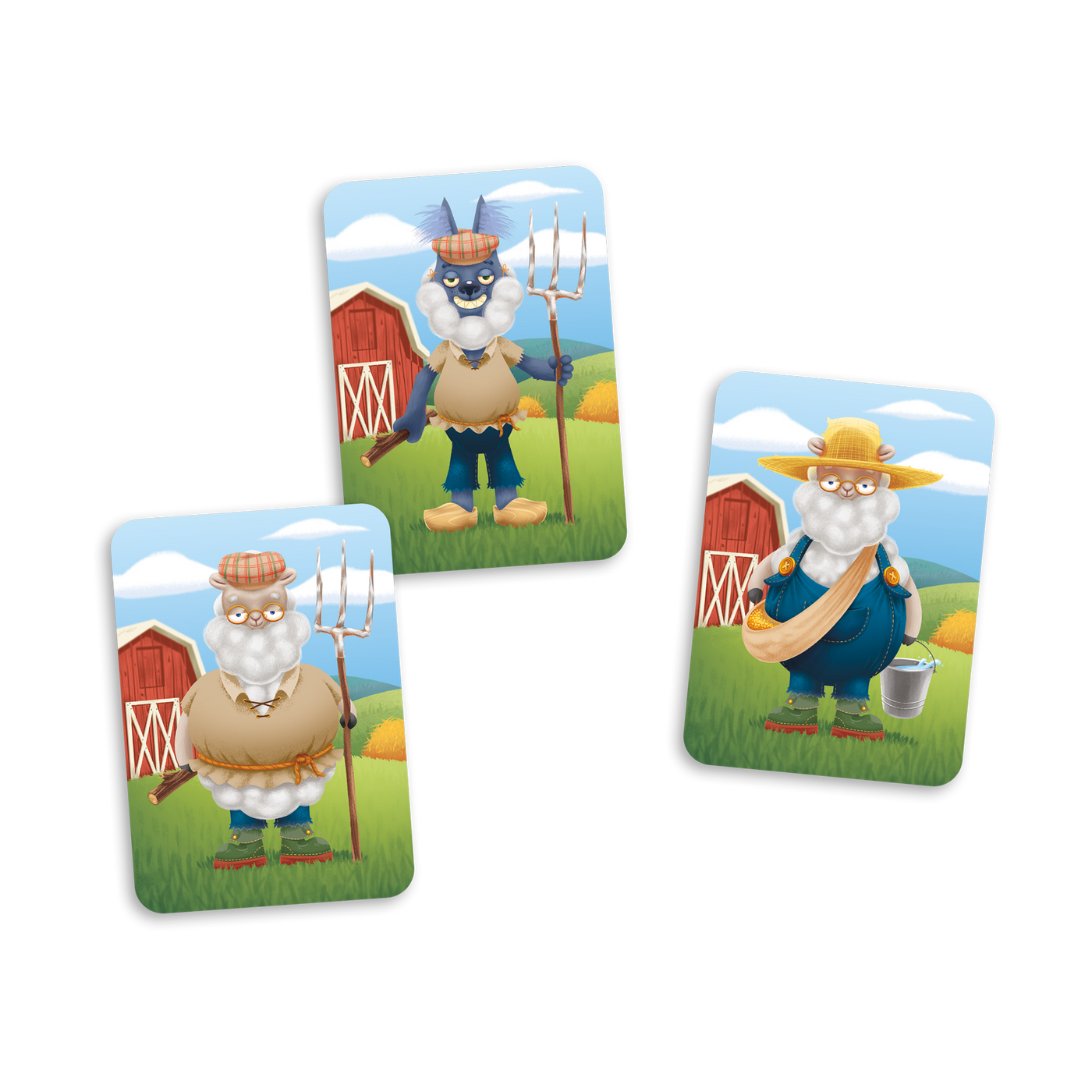 Attention aux loups - Exemples de cartes-personnages : 2 cartes-moutons et 1 carte-loup