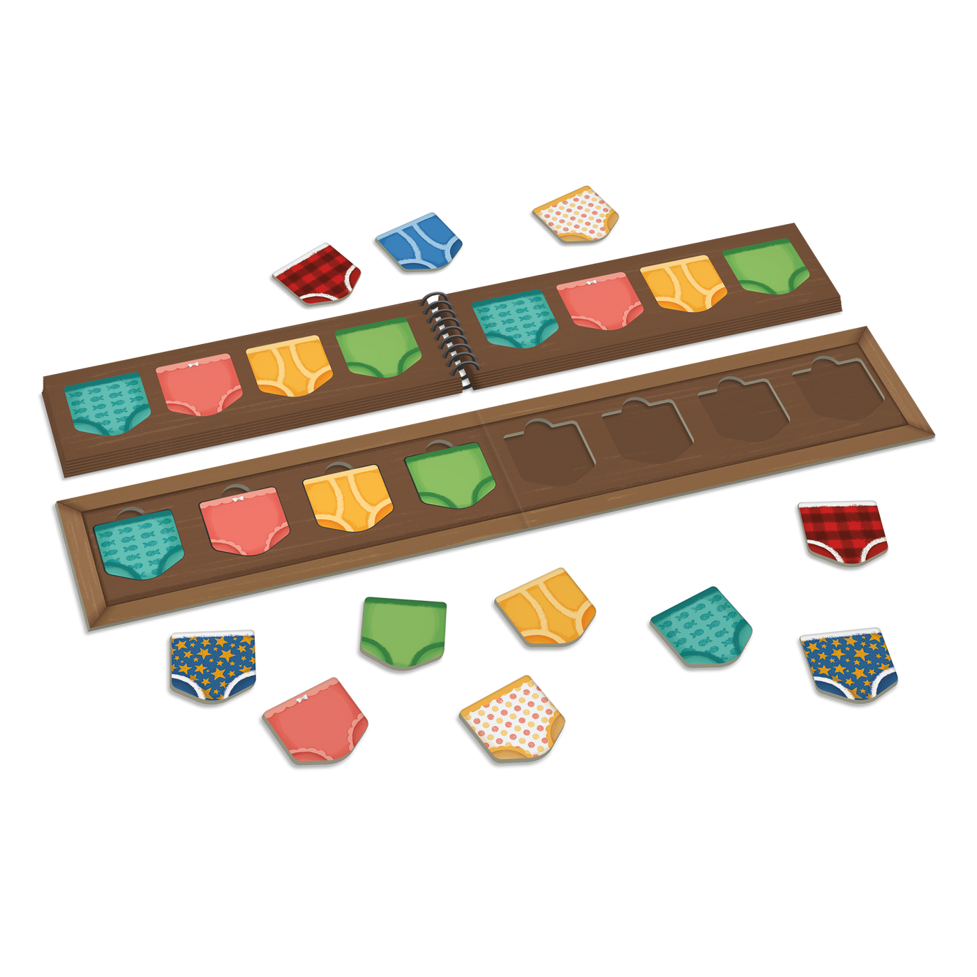 Le tiroir à bobettes - Composantes du jeu : gabarit-tiroir, guide de rangement boudiné et morceaux de bobettes