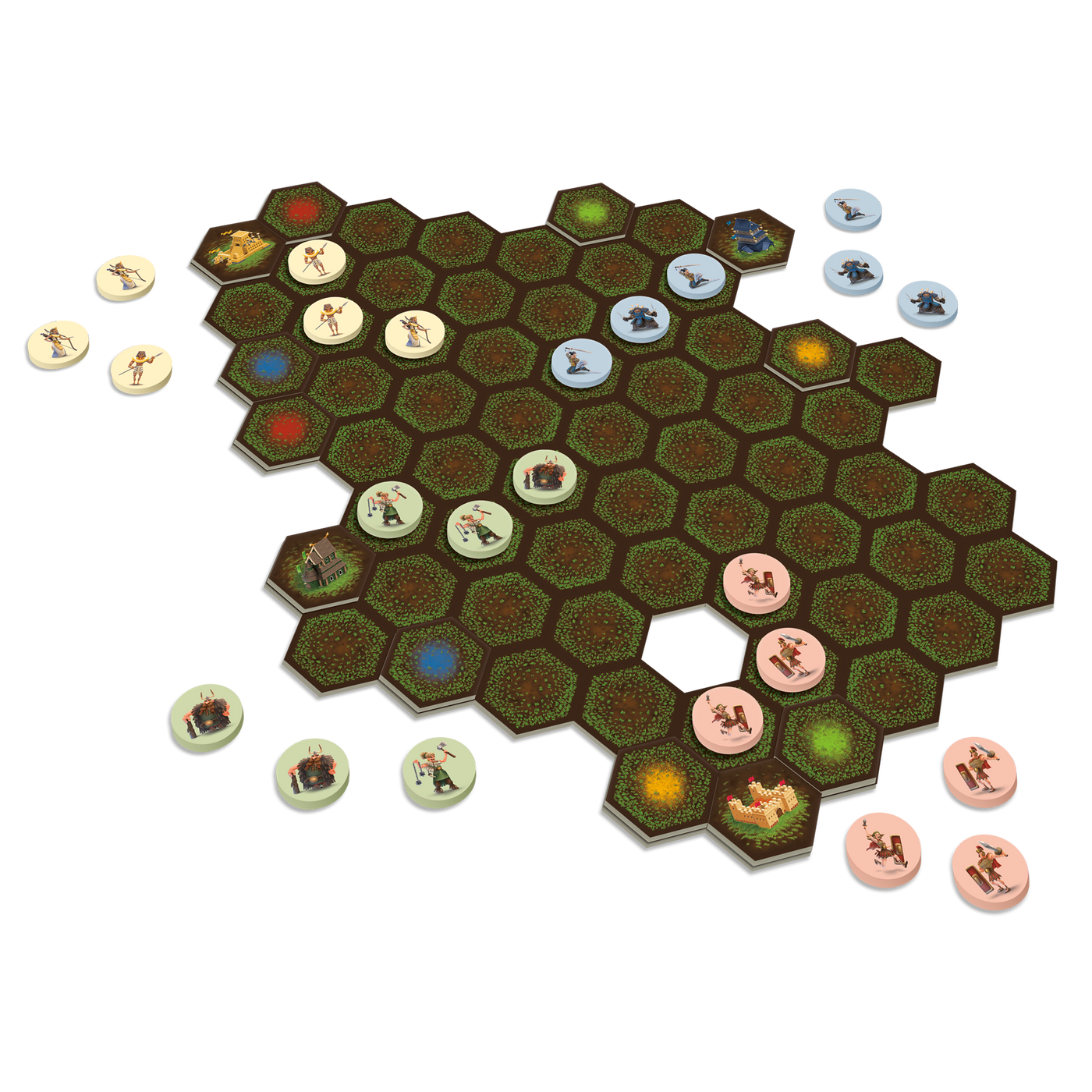 Les conquérants - Composantes du jeu : plateau de jeu (tuiles), tuiles-châteaux/forteresses, jetons-combattants des 4 armées