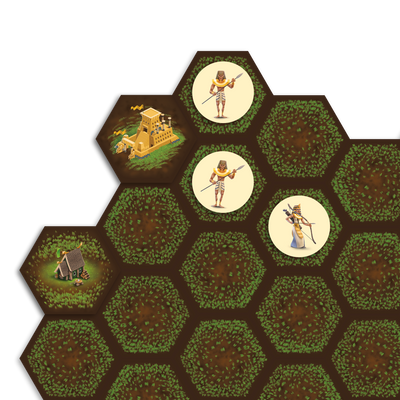 Les conquérants - Zoom sur le plateau de jeu, avec jetons-combattants égyptiens, tuile-château jaune et tuile-forteresse verte
