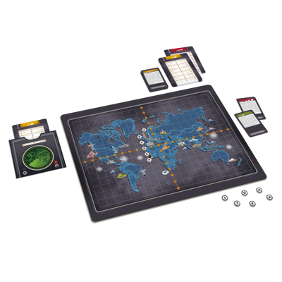 Opération sauvetage - Composantes: plateau de jeu (carte du monde), cartes-trajets/sauvetages, pochette-radar, jetons-trajets