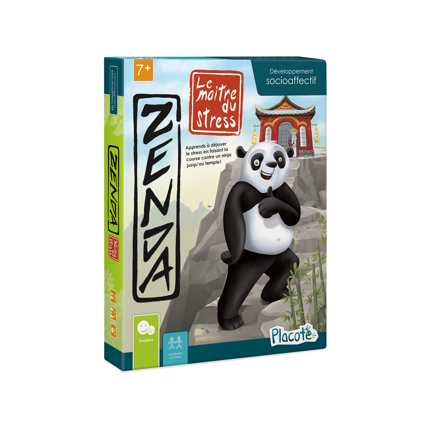 Zenda : le maitre du stress - Devant de la boite : panda sur un escalier en pierre menant à un temple où se trouve un sensei