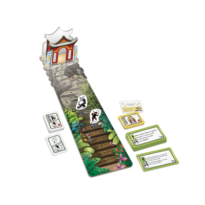 Zenda : le maitre du stress - Composantes : plateau de jeu avec temple 3D, cartes-questions/zen, cartes-déplacements et pions