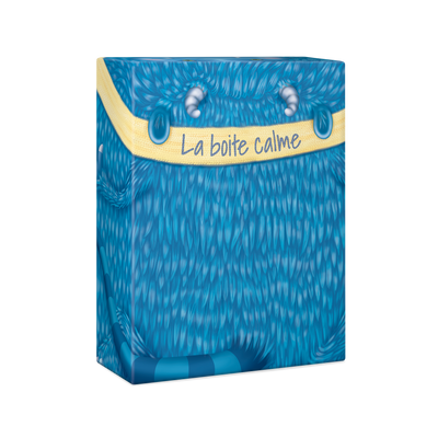 La boite calme - Devant de la boite : monstre bleu poilu avec cornes, queue et foulard jaune (Calmos)