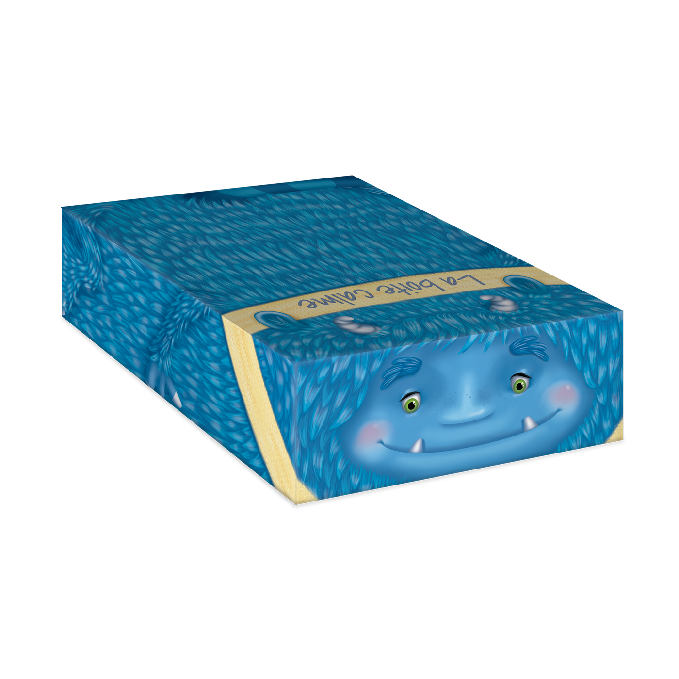 La boite calme - Haut de la boite : visage de Calmos le monstre (monstre bleu poilu avec foulard jaune)