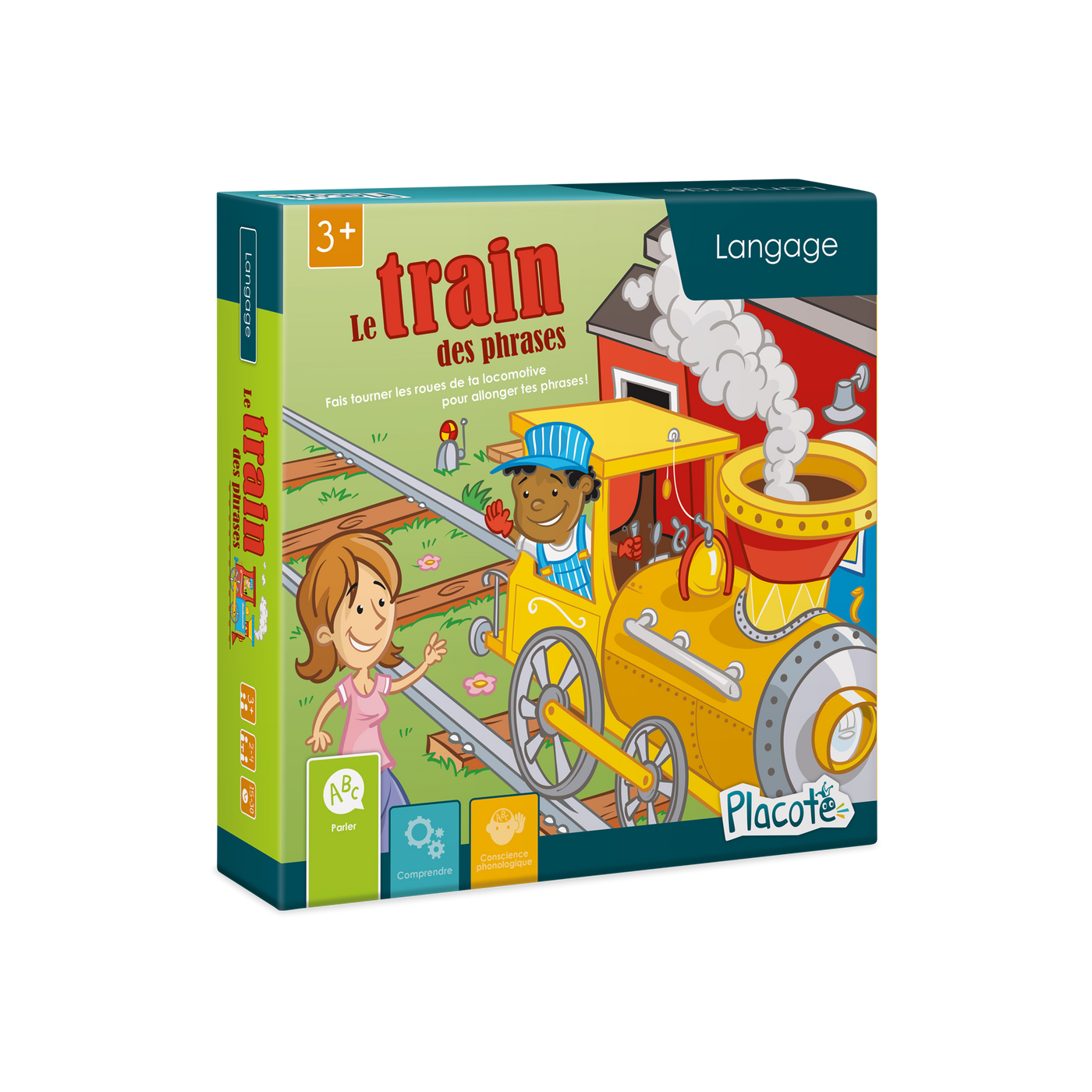 Le train des phrases - Devant de la boite du jeu, illustrant un garçon qui conduit une locomotive et qui salue une femme