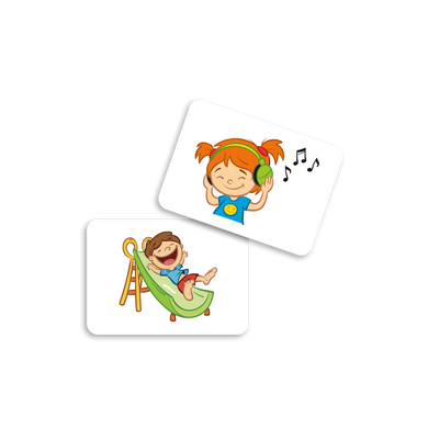 Le train des phrases - Exemples de cartes-images du jeu : fille qui écoute de la musique et garçon qui glisse sur un toboggan