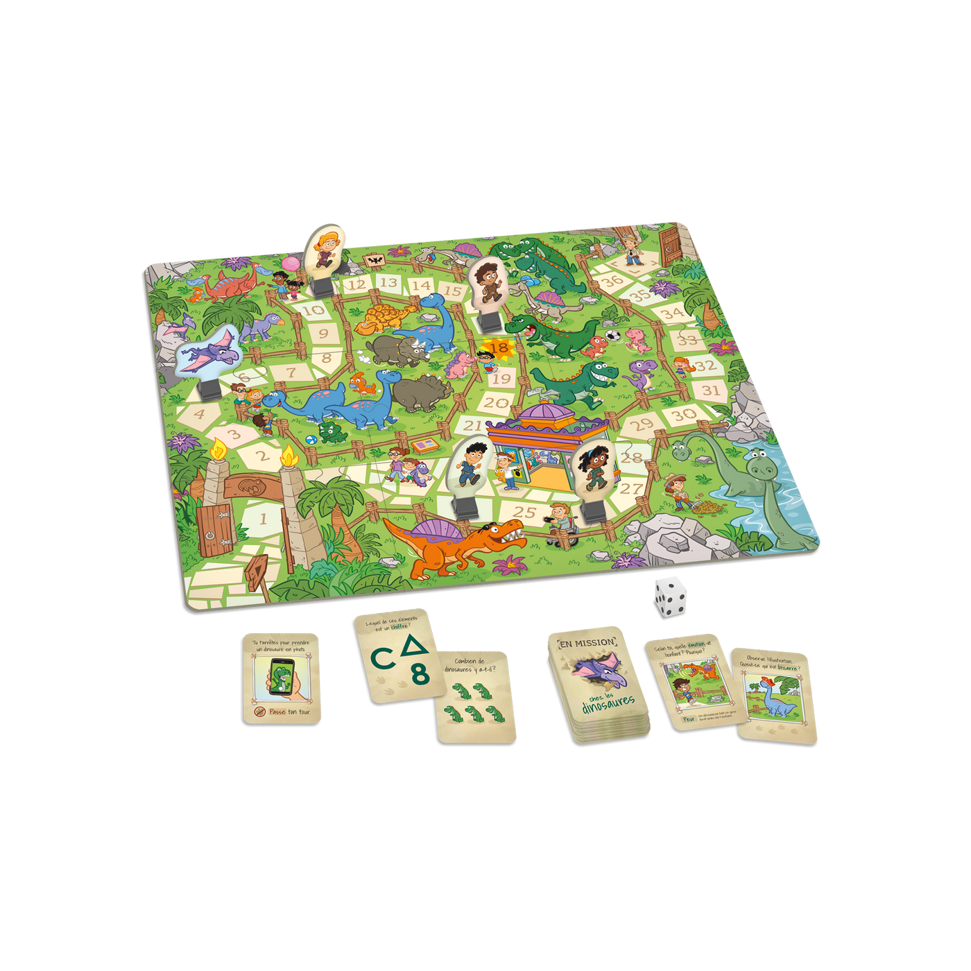 En mission chez les dinosaures - Composantes du jeu : plateau de jeu (parc), cartes-questions, 4 pions-personnages et dé