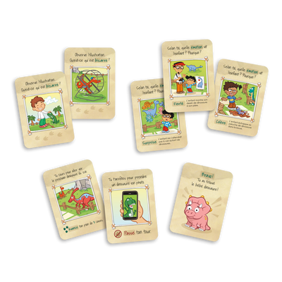 En mission chez les dinosaures - Exemples de cartes-questions (émotion, élément bizarre), carte spéciale et bébé dinosaure