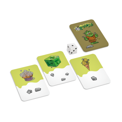 DÉgueulasse! - Exemples de cartes-ogres du niveau 1 (1, 2 et 3 pierres) et un dé de 1 à 3