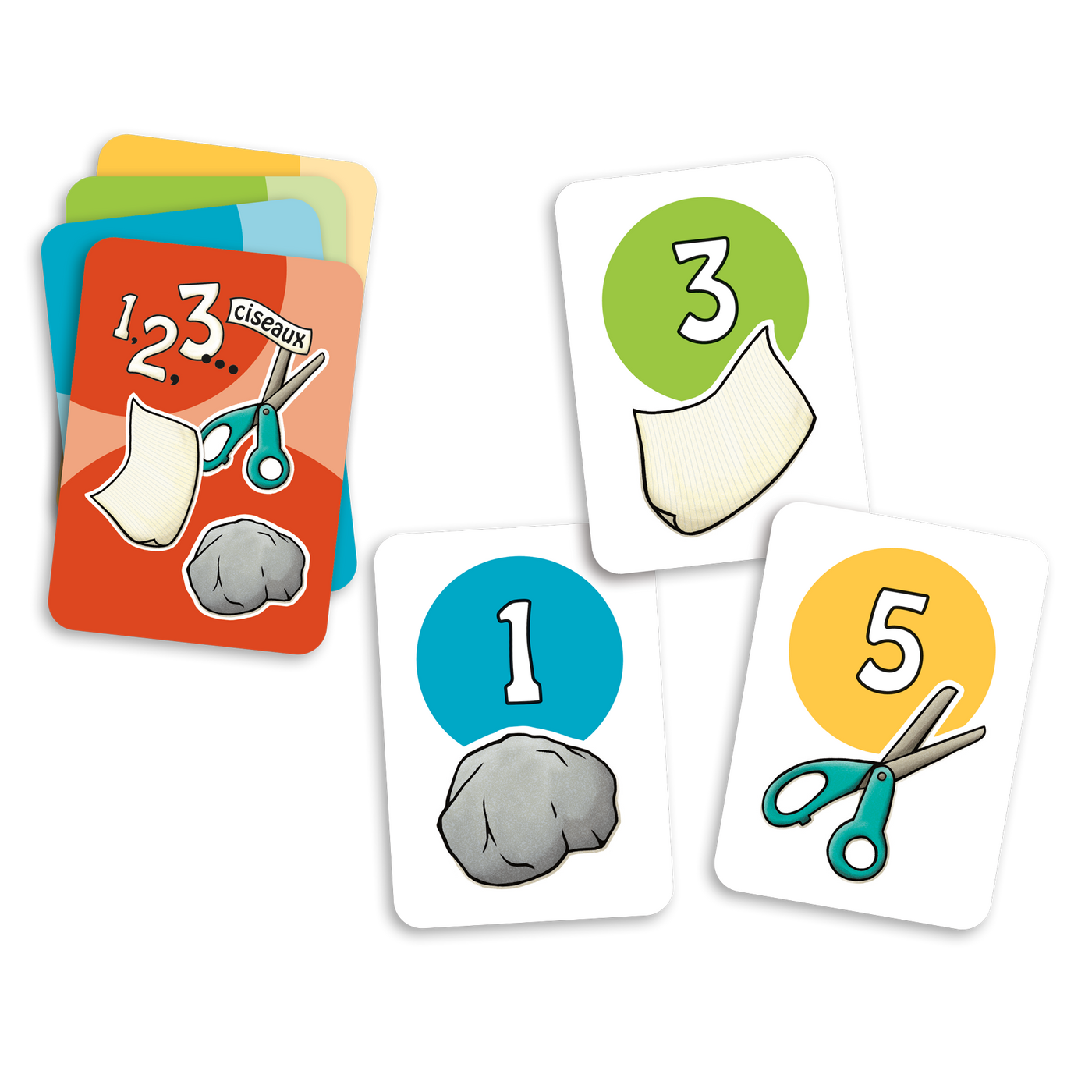 1,2,3… ciseaux - Exemples de cartes : roche-1 (bleu), papier-3 (vert), ciseaux-5 (rouge) et dos de cartes des 4 couleurs