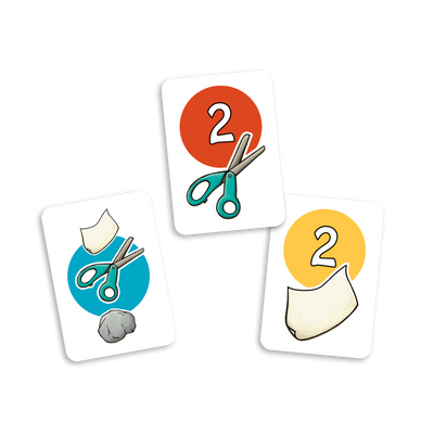 1,2,3… ciseaux - Exemples de cartes : joker (bleu), ciseaux-2 (rouge) et papier-2 (jaune)