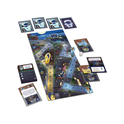 Le code social - Composantes du jeu : planche (ville nocturne), cartes-questions/défis, cartes « Bien joué! », 2 pions et dé