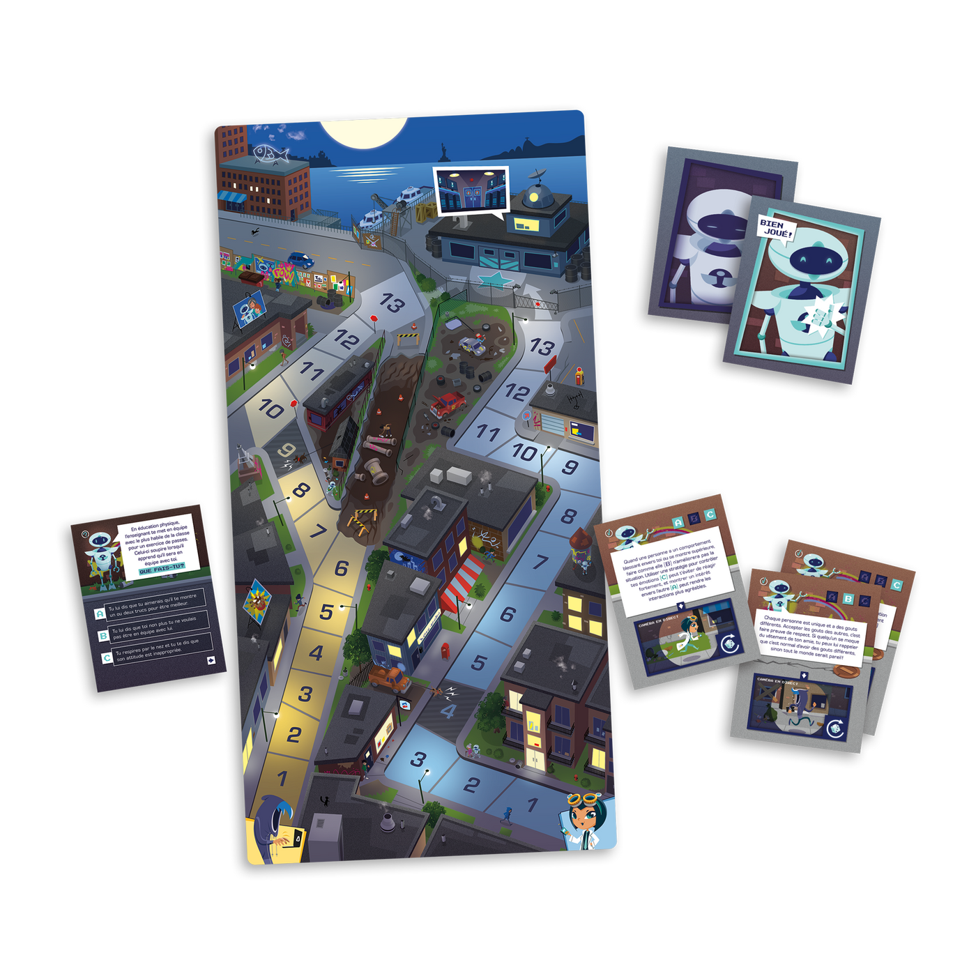 Le code social - Planche de jeu (ville nocturne), exemples de cartes-questions, cartes-défis et cartes « Bien joué! »