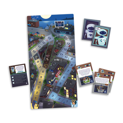 Le code social - Planche de jeu (ville nocturne), exemples de cartes-questions, cartes-défis et cartes « Bien joué! »
