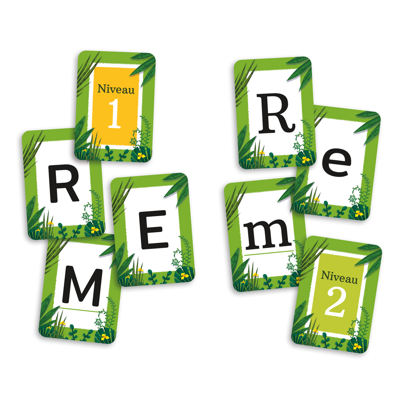 Alpha-bêtes - Exemples de cartes-lettres des 2 niveaux : REM (niveau 1 : majuscules, niveau 2 : majuscules ou minuscules)