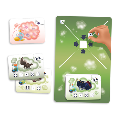 DÉgourdi - Planche de jeu (côté A), exemples de cartes-bombes (1 pour chacun des 3 niveaux) et carte-parfum